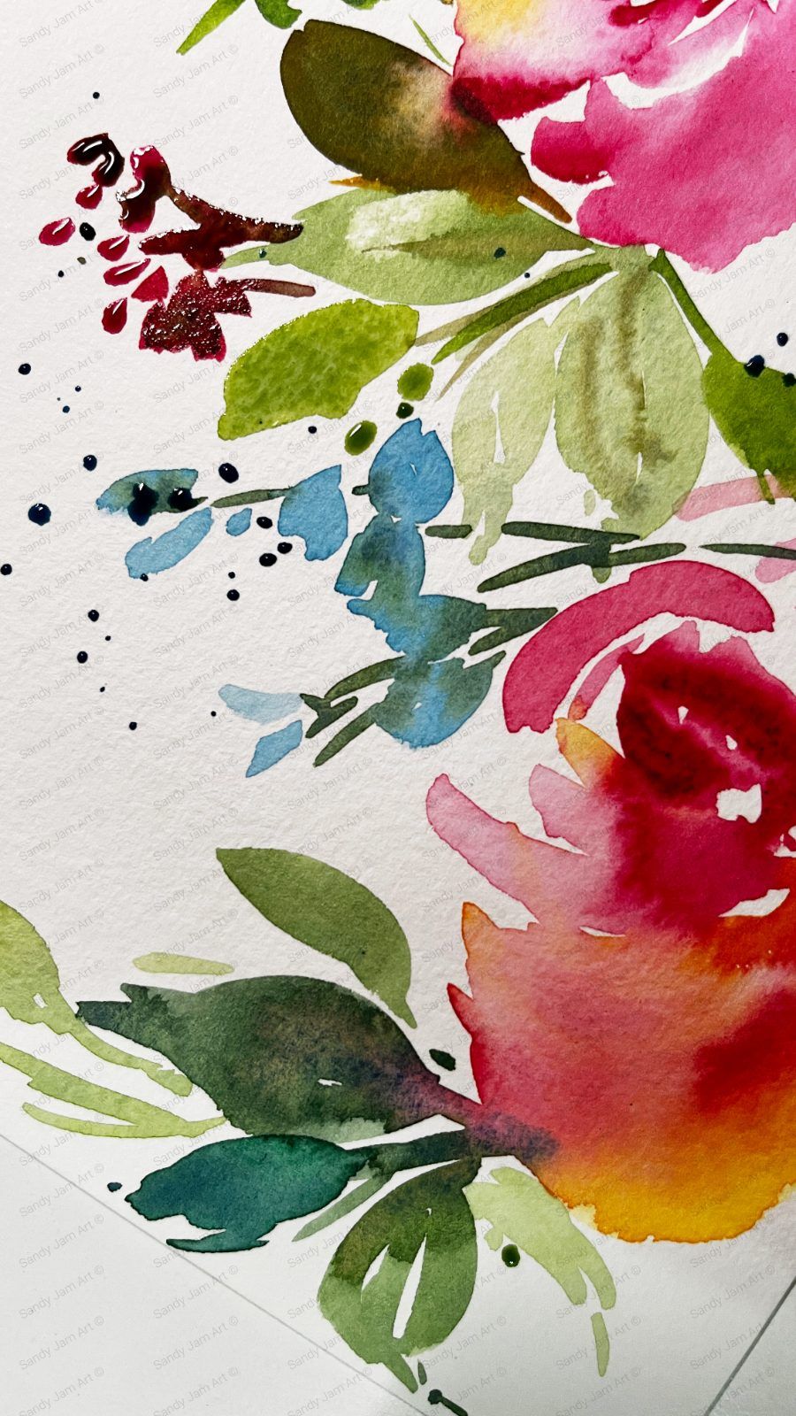 Abstract Rose — loose watercolour painting in pink, red and yellow by Sandy Jam