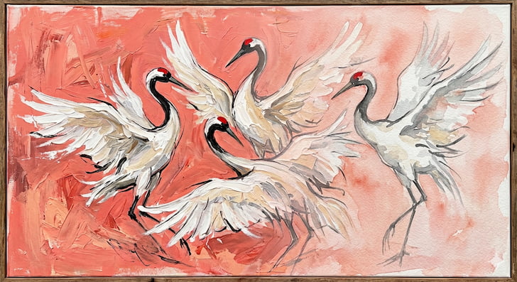 Oil painting of dancing red-crowned cranes in warm coral and pink tones