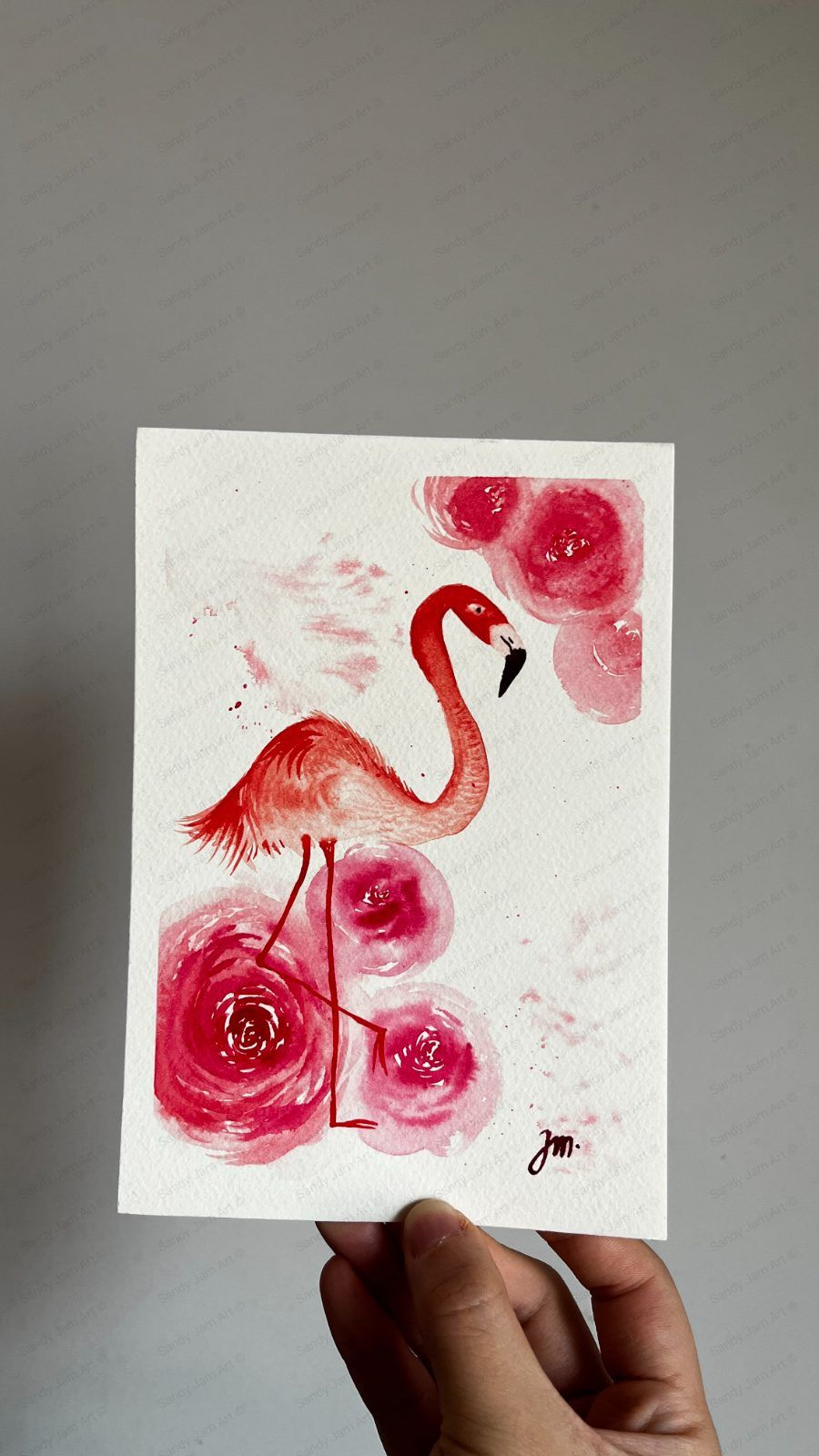 Flamingo in Bloom — pink watercolour flamingo among abstract roses by Sandy Jam
