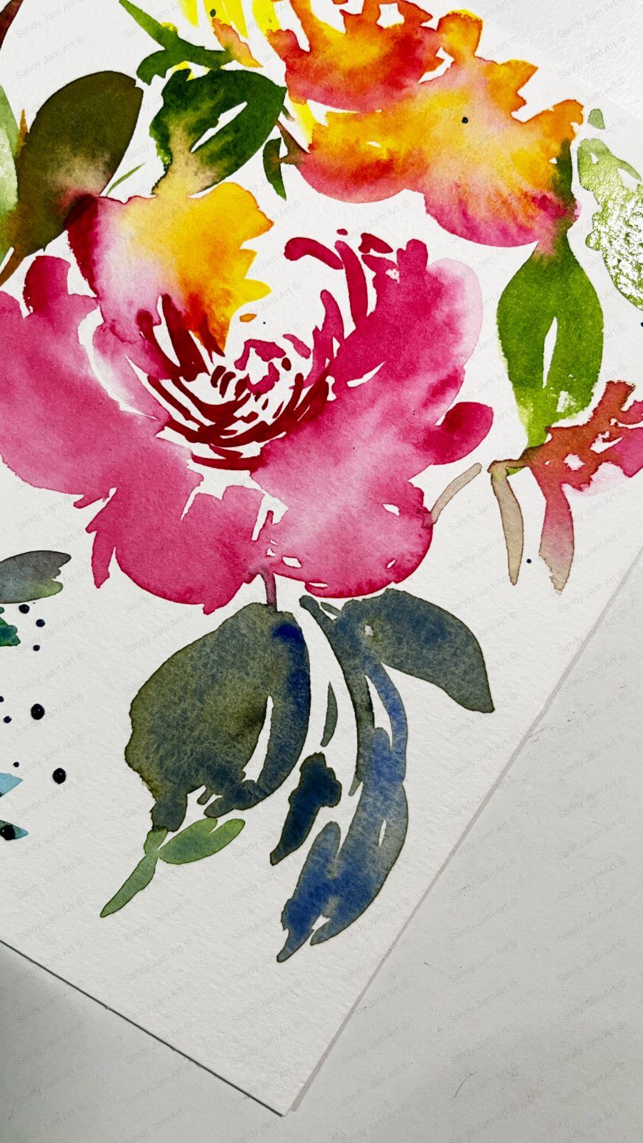 Loose abstract watercolour roses in pink, red and orange by Sandy Jam
