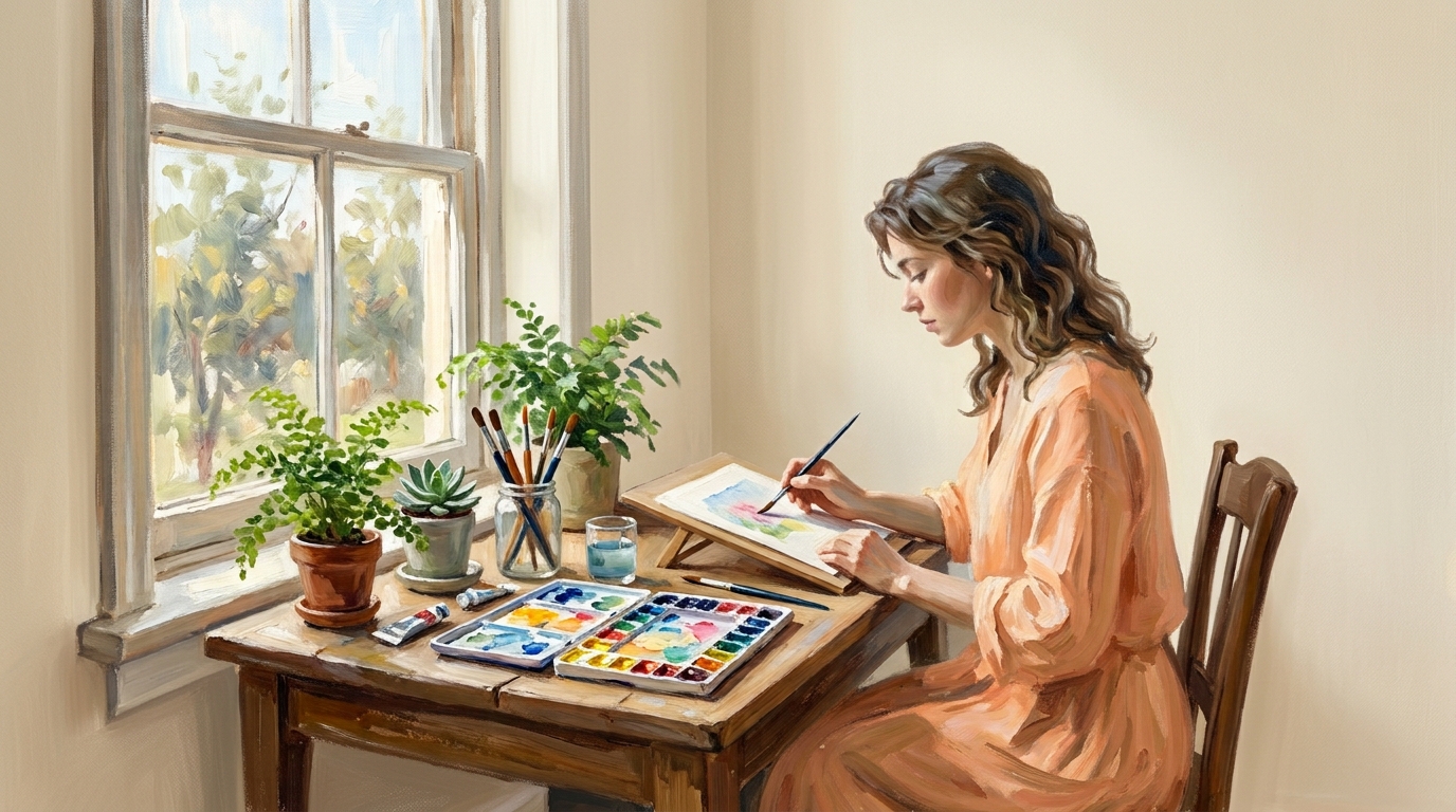 Illustration of a woman in an orange dress painting calmly at a table by a sunlit window