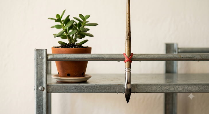 Paintbrush drying, bristles pointing down, suspended from a shelf, with a small potted plant beside it