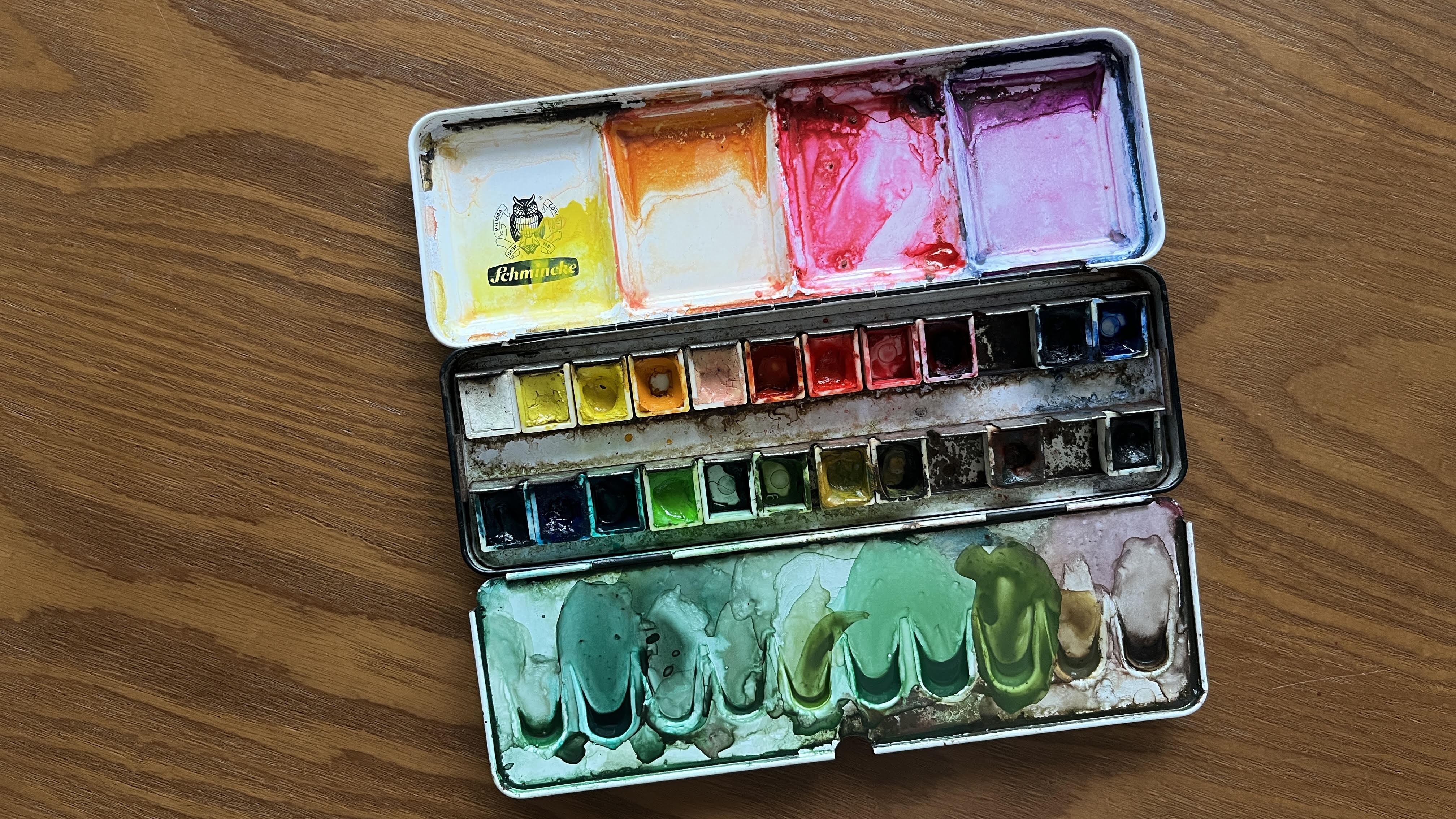 Sandy Jam's well-used watercolour palette, with warm tones in the mixing wells and pan colours arranged by hue