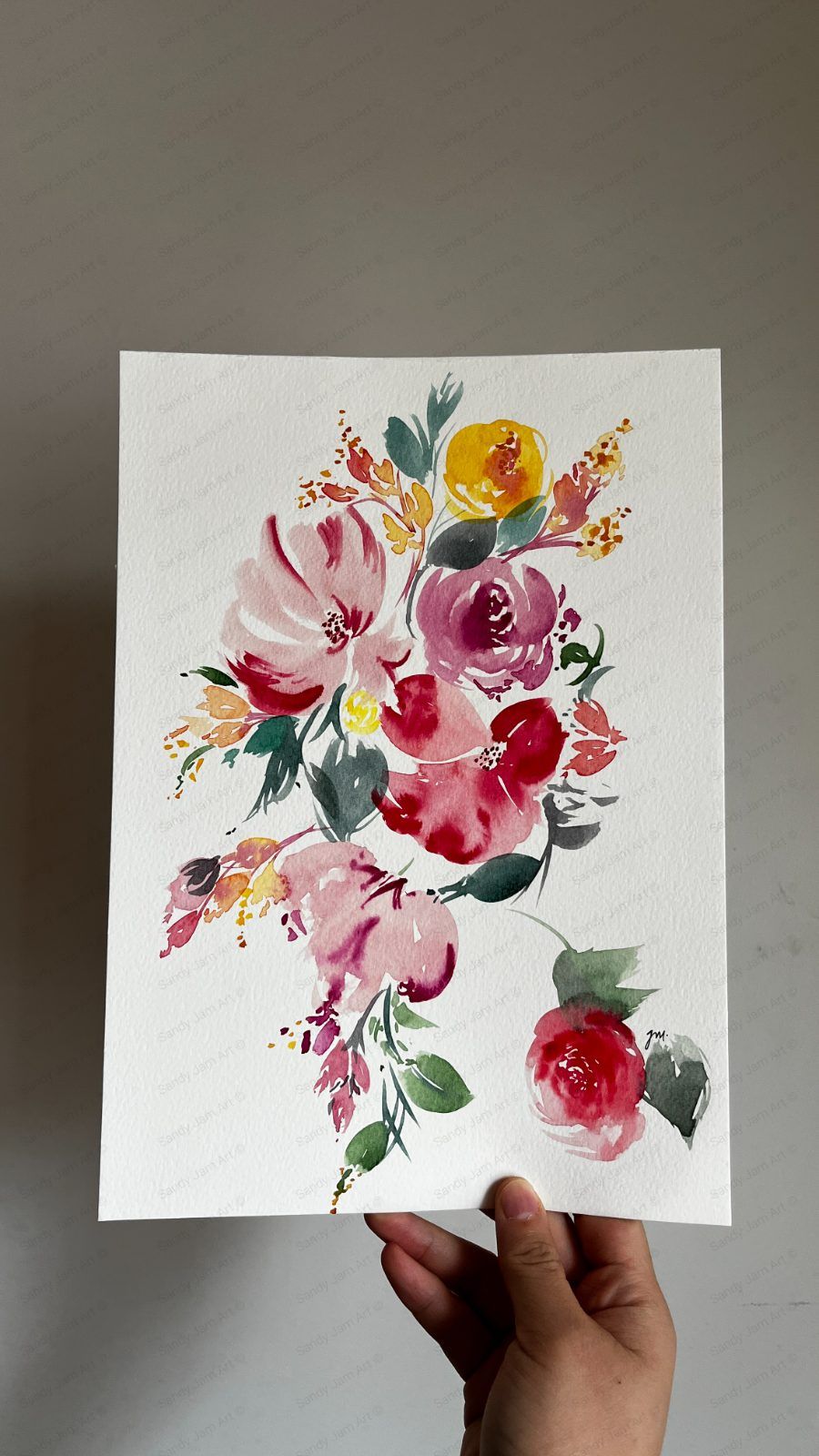 Summer Bliss — loose abstract watercolour roses in pink, red and yellow by Sandy Jam