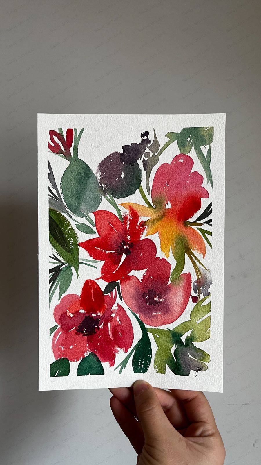 Tropical Medley — vibrant watercolour florals in pink, orange and green by Sandy Jam