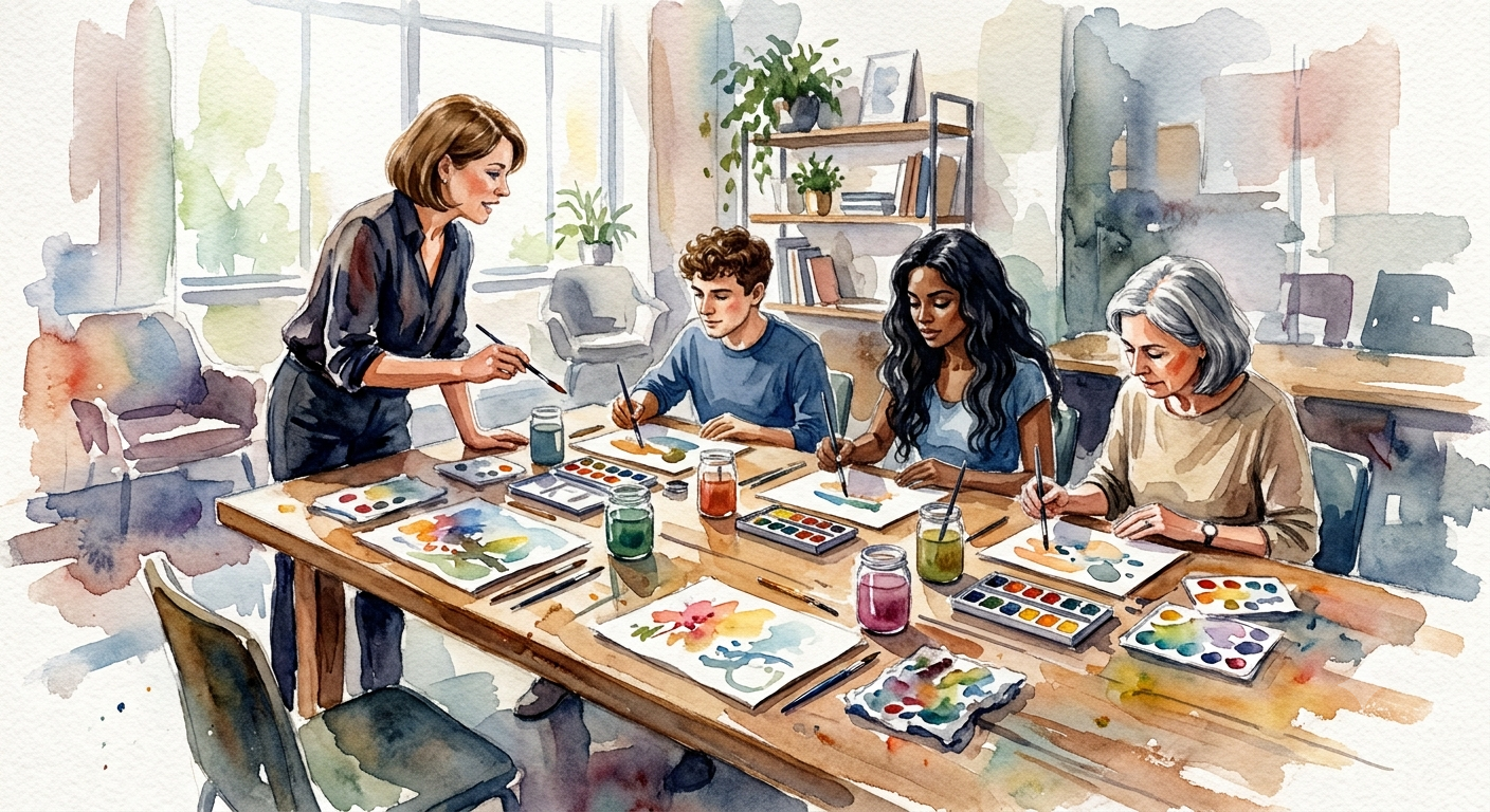 Illustration of a watercolour instructor guiding three students painting at a shared table with palettes and brushes